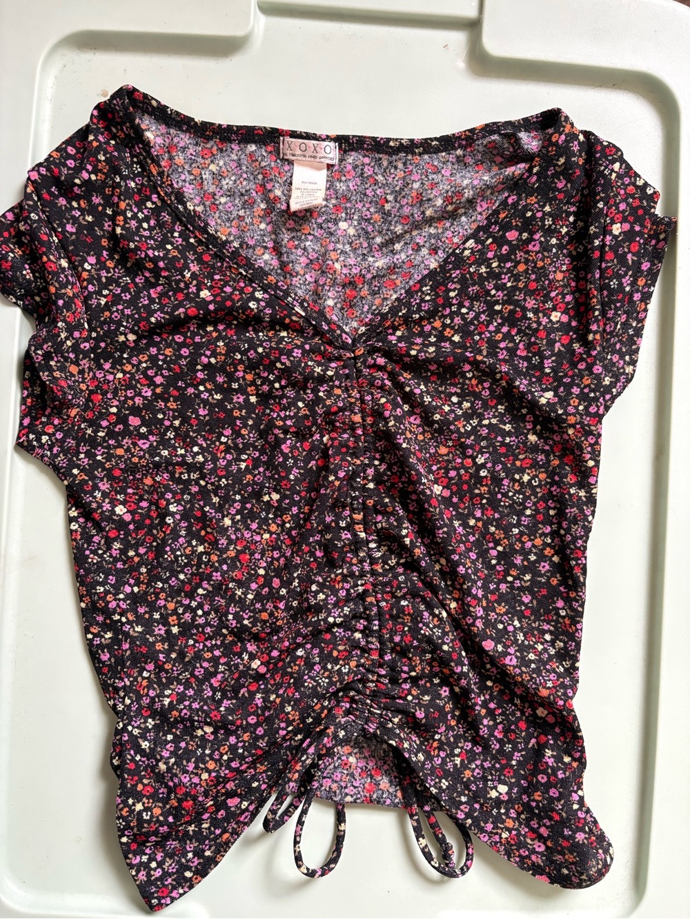 XOXO Black Floral Drawstring V-Neck Crop Top